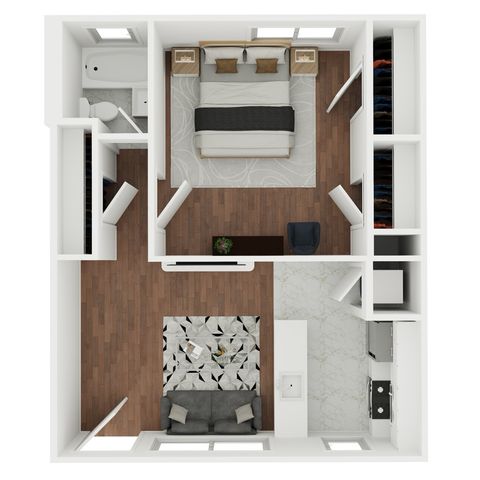 Chic open-concept apartment floor plan with a spacious bedroom, cozy living area, sleek kitchen, and modern bathroom.