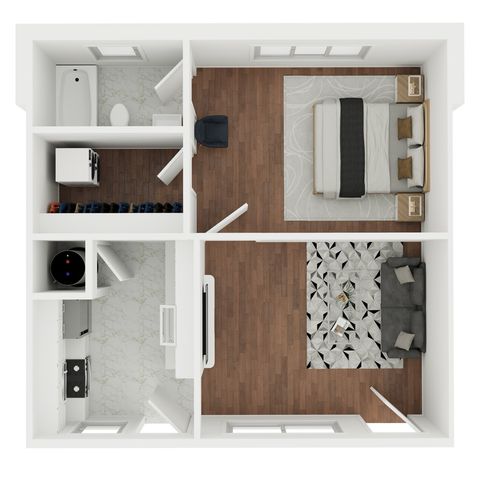Modern 1-bedroom apartment floor plan featuring a cozy living area, stylish kitchen, and sleek bathroom, enhanced with elegant wood flooring.