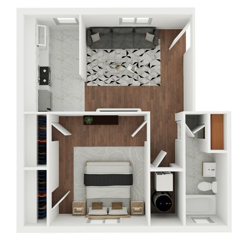 Modern 3D floor plan featuring a cozy bedroom, sleek kitchen with marble flooring, inviting living area with stylish rug, and a contemporary bathroom design.