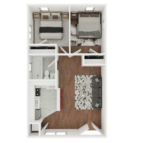Modern 2D floor plan with 2 bedrooms, elegant wooden flooring, and a sleek open kitchen leading to a cozy living space.