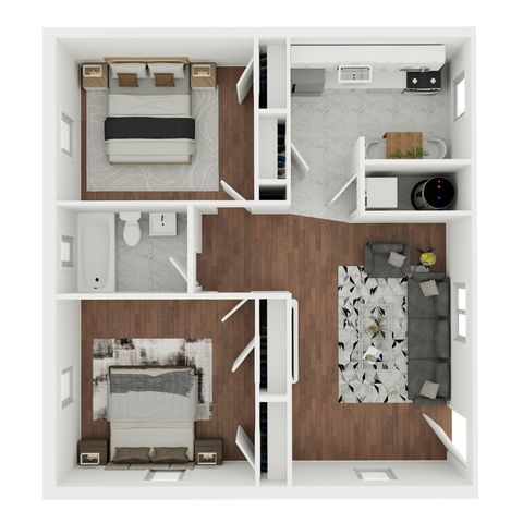 Inviting 3D floor plan featuring a modern 2-bedroom apartment with an open kitchen and cozy living room.