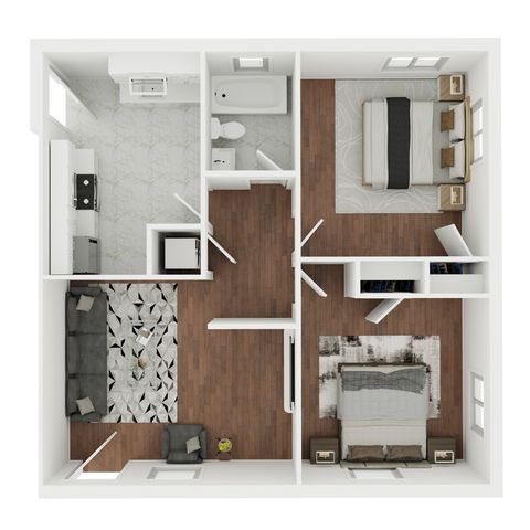 Charming 3D floor plan featuring two cozy bedrooms, a modern kitchen, elegant living area, and a sleek bathroom.