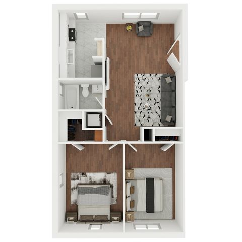 Inviting 3D floor plan featuring a master bedroom, cozy living area, modern kitchen, and compact bathroom, ideal for comfortable living.