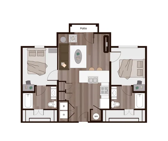 Modern floor plan showcasing 2 bedrooms, central living area, kitchen with island, and private patio access, ideal for comfortable living.