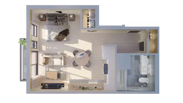 Contemporary studio apartment floor plan featuring a cozy bedroom with natural light, open-concept living and dining area, modern kitchen, and sleek bathroom design.