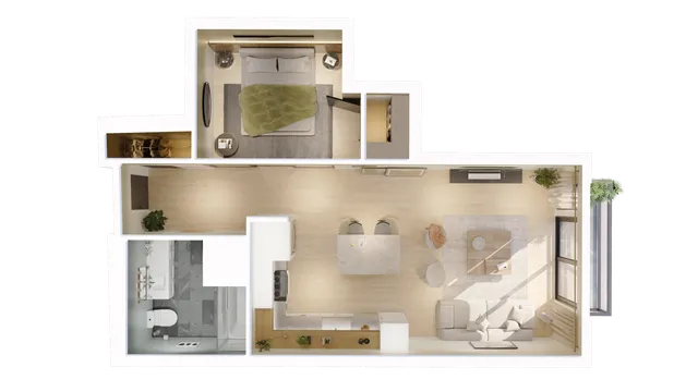 Chic 1-bedroom floor plan showcasing an open-plan living area with a sleek kitchen island and a sunlit lounge, complemented by modern decor and lush greenery.
