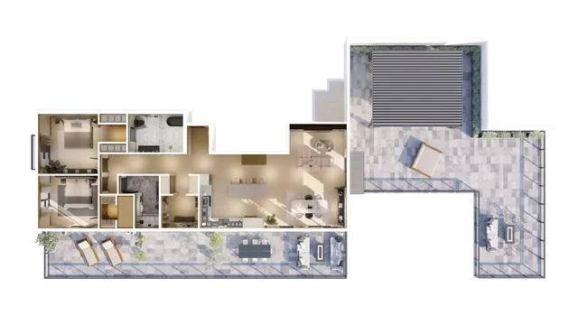 Elegant 2D floor plan showcasing a luxurious two-bedroom apartment with open living spaces, modern kitchen, and expansive terrace featuring outdoor seating and dining areas.