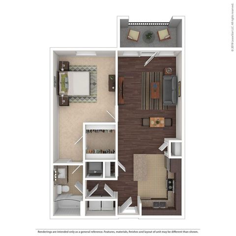 Chic apartment floor plan showcasing 1 bedroom, open living area with stylish furniture, modern kitchen, and cozy balcony.