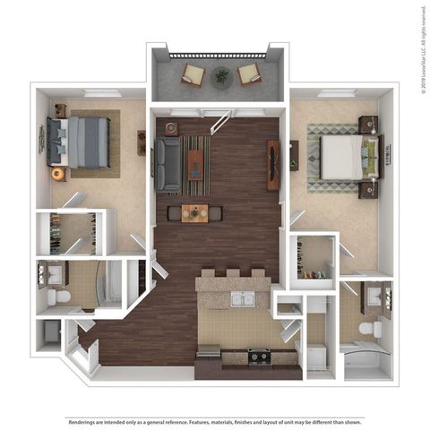 Modern 2D floor plan showcasing 2 bedrooms, elegant living area, and spacious kitchen, complemented by a cozy balcony.