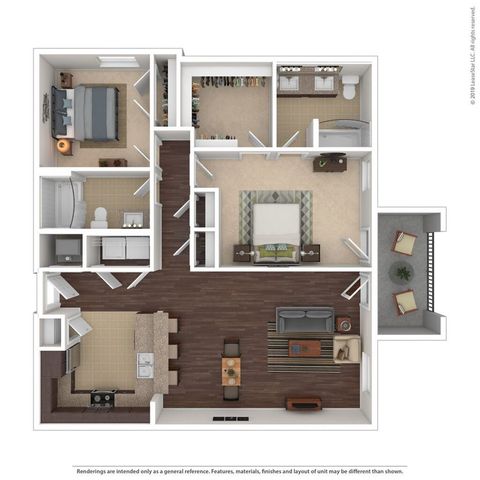 Modern 3D floor plan featuring 2 bedrooms, a spacious open-concept living area, well-equipped kitchen, and two bathrooms, complete with a private balcony for relaxing.