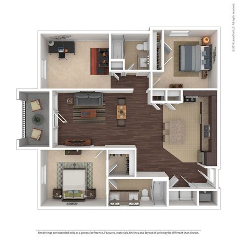 Contemporary 2D floor plan showcasing two spacious bedrooms, a cozy home office, elegant living area, and a modern open-concept kitchen with dining space.