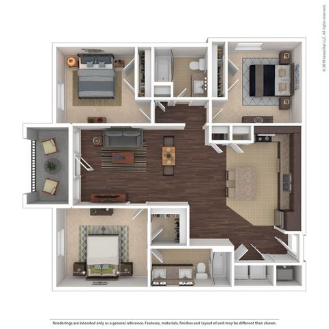 Chic apartment floor plan showcasing two spacious bedrooms, an elegant open-concept living area, and a modern kitchen with ample dining space.