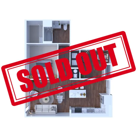 Contemporary floor plan with one bedroom, an open living space, and a stylish kitchen, marked as sold out.