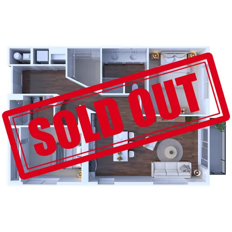3D floor plan depicting a stylish apartment with two bedrooms, modern kitchen, and cozy living space, marked as sold out.