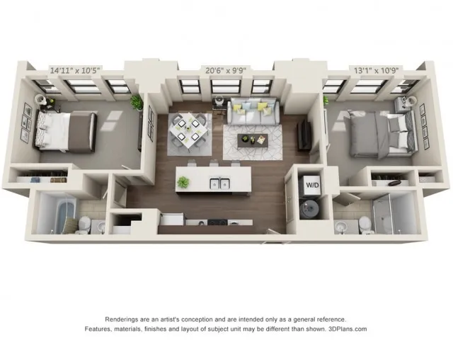 Two Bed Two Bath 900 sqft