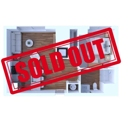 Elegant 2D floor plan with open living area, bedroom, and bathroom, marked as sold out.