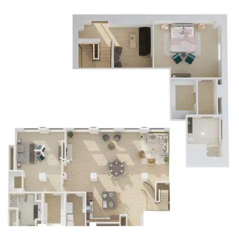 Sophisticated 3D floor plan with 3 bedrooms, stylish open living space, and a modern kitchen.