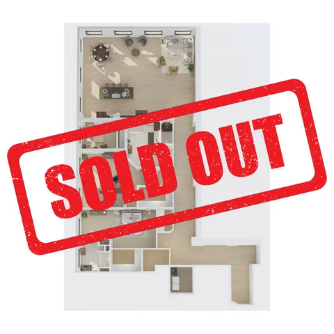 Modern 3D floor plan showcasing open living area, cozy bedrooms, and stylish kitchen, marked \'Sold Out\'.