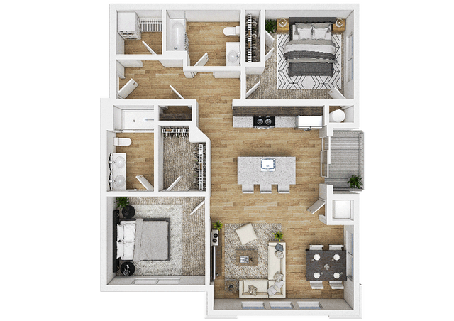 Modern 2D floor plan showcasing 2 spacious bedrooms, a sleek open kitchen, cozy living room, and elegant dining area.