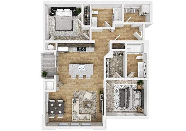 Contemporary 3D floor plan with two bedrooms, modern open kitchen, and cozy living area, plus a stylish dining space and two sleek bathrooms.