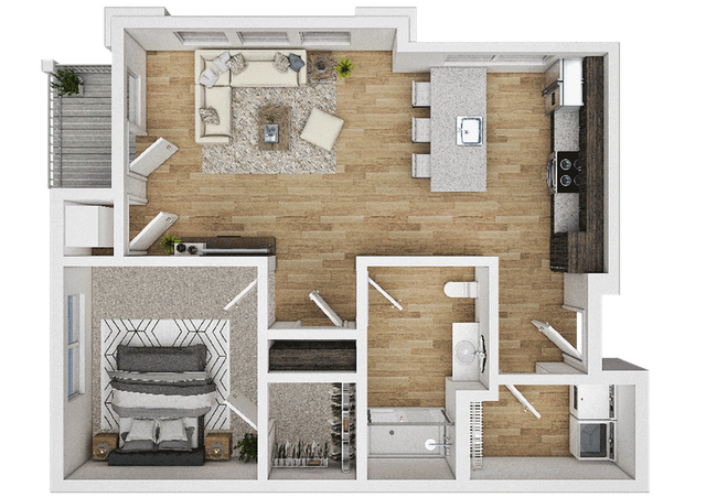 Contemporary 3D floor plan with one bedroom, open-concept living area, modern kitchen, and stylish bath, featuring chic decor and balcony access.