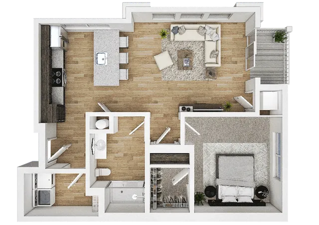Modern 3D apartment floor plan featuring a spacious bedroom, elegant living room, sleek kitchen with island, and stylish balcony.