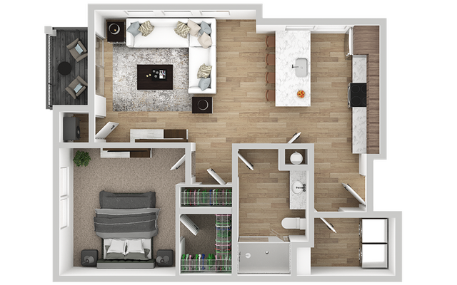 Contemporary floor plan showcasing a spacious 1-bedroom apartment with an inviting living room, modern kitchen with island seating, and a cozy balcony.