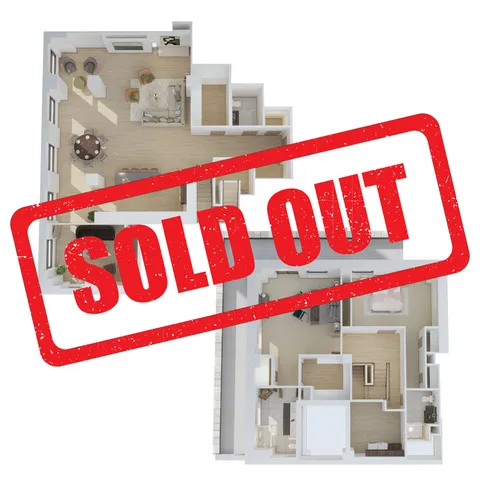 Modern 3D floor plan showcasing an open-concept living area, dining space, and two stylish bedrooms. Elegant layout with ample natural light, now sold out.