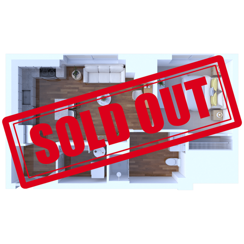 Modern 2D floor plan featuring an open living area, sleek kitchen, and two cozy bedrooms with \'Sold Out\' displayed prominently.