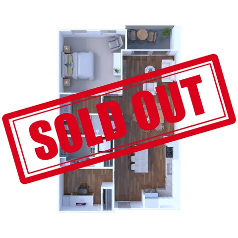 Modern 2D floor plan showcasing a stylish 1-bedroom layout with an open-concept living and dining area, featuring a cozy balcony. Sold out design highlights functional elegance.