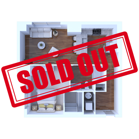 Modern 3D floor plan showcasing a cozy living area, stylish kitchen, and inviting bedroom space, marked as sold out.