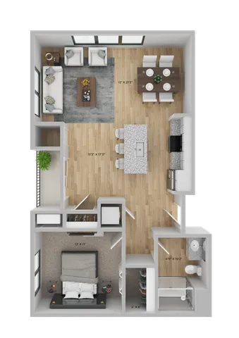 Elegant floor plan featuring a spacious open-concept living and dining area, modern kitchen with island, cozy bedroom, and stylish bathroom.