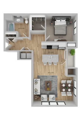 Modern floor plan showcasing a spacious 1-bedroom layout with a large living area, open kitchen, and cozy dining space, highlighted by elegant finishes and natural light.