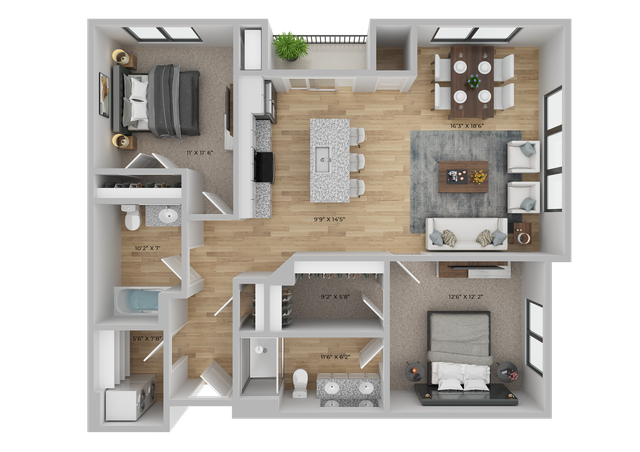 Modern floor plan featuring 2 luxurious bedrooms, spacious open-concept living area, sleek kitchen with island, and elegant dining space.