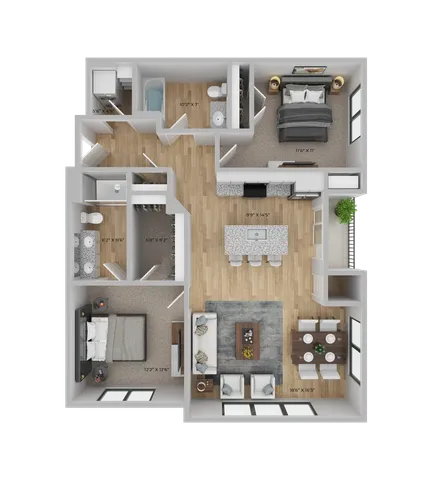 Chic 3D floor plan showcasing two spacious bedrooms, modern open-concept kitchen and living area, dining space, and two elegant bathrooms.