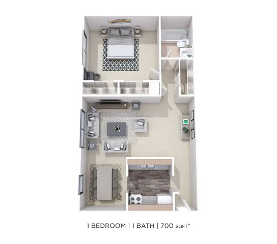Modern 1-bedroom apartment floor plan showcasing an inviting open-concept living and dining area, cozy kitchen, and elegant bathroom, totaling 700 sq ft.