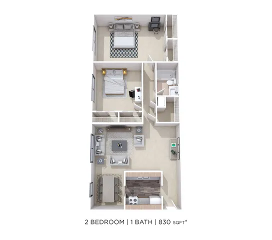 Modern 2D floor plan of a 2 bedroom, 1 bath apartment featuring an open-concept living and dining area, cozy bedrooms, and a sleek kitchen, all within 830 sq ft.
