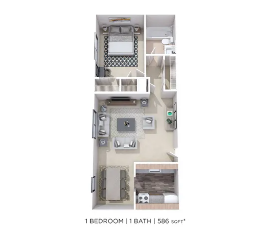 Modern 1-bedroom apartment floor plan featuring a cozy living room, open kitchen, and a spacious bathroom, covering 586 sq ft.