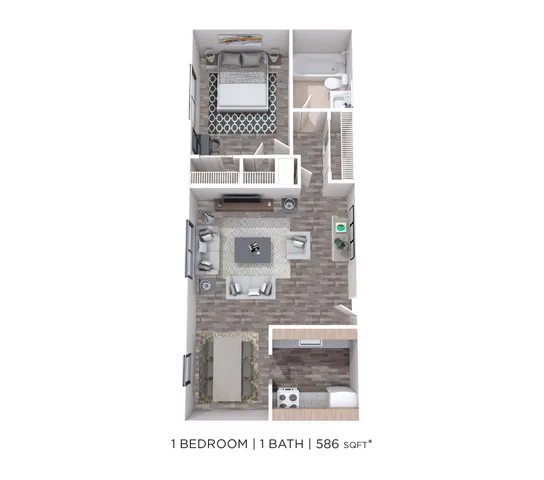 Modern 1-bedroom, 1-bathroom floor plan featuring an open-concept living area, stylish kitchen, and cozy bedroom, totaling 586 sq ft.