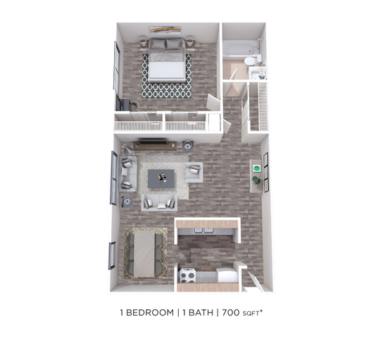 Modern 3D floor plan featuring 1 bedroom, a stylish open-concept living and dining area, a fully-equipped kitchen, and a sleek bathroom, all within 700 square feet.