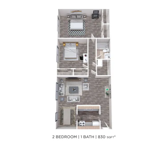 Modern 2-bedroom floor plan featuring a spacious living area, cozy dining space, and an efficient kitchen layout, all within 830 sq ft.