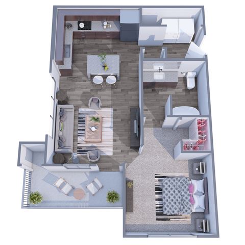 Modern 3D floor plan showcasing a chic 1-bedroom apartment with an open-concept living area, gourmet kitchen, and private balcony.