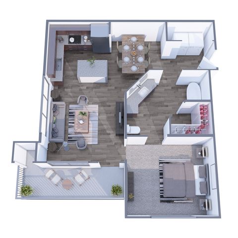 Inviting 3D floor plan showcasing a modern apartment with one bedroom, open kitchen, cozy living area, stylish bathroom, and spacious balcony.