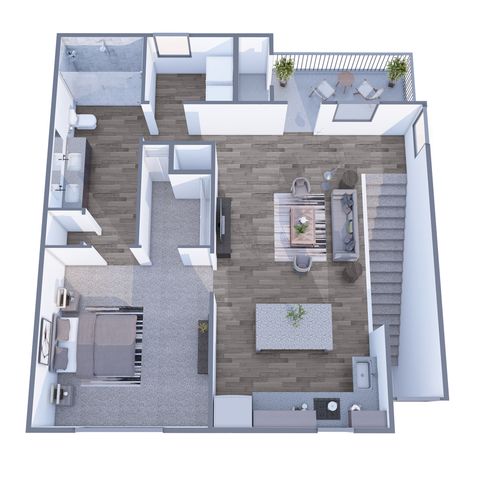 Modern open-concept 2D floor plan showcasing 1 bedroom, a stylish living room, and a cozy balcony, ideal for contemporary living.
