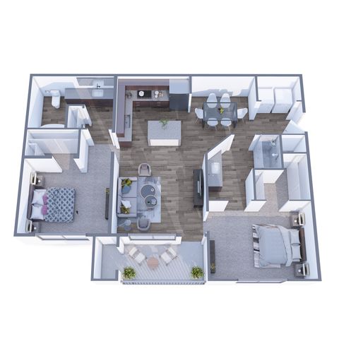 Modern 3D floor plan showcasing 2 spacious bedrooms, an inviting open-concept living area, gourmet kitchen with island, elegant dining space, and a private balcony.