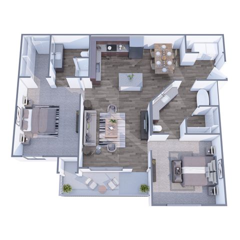 Chic 2D floor plan showcasing 2 spacious bedrooms, elegant living area, modern kitchen, and a cozy balcony.