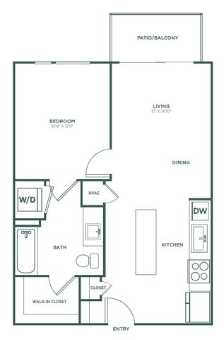 Modern apartment floor plan featuring 1 bedroom, spacious living and dining area, sleek kitchen with island, and private patio/balcony.