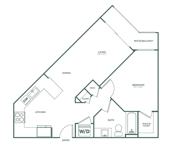 Modern floor plan showcasing 1 bedroom with walk-in closet, spacious living area, elegant kitchen, and private patio.