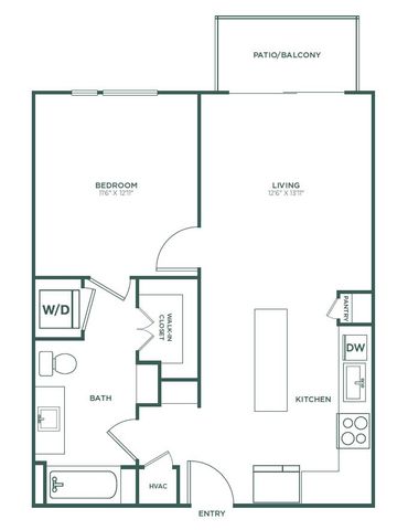 Modern apartment floor plan showcasing 1 bedroom, spacious living area, and balcony, including a stylish kitchen with pantry.