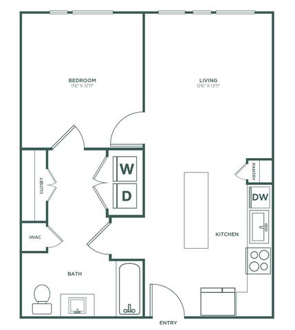 Contemporary floor plan featuring one bedroom, spacious kitchen, and open living area with modern amenities.